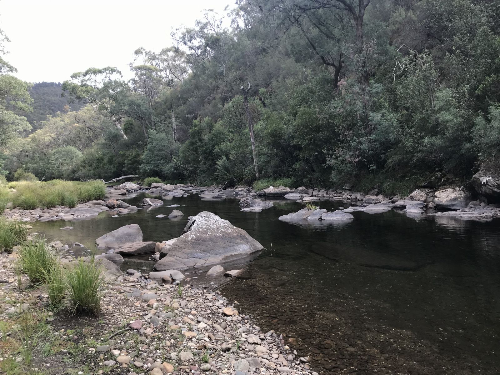 A clear riverbed with large grey rocks