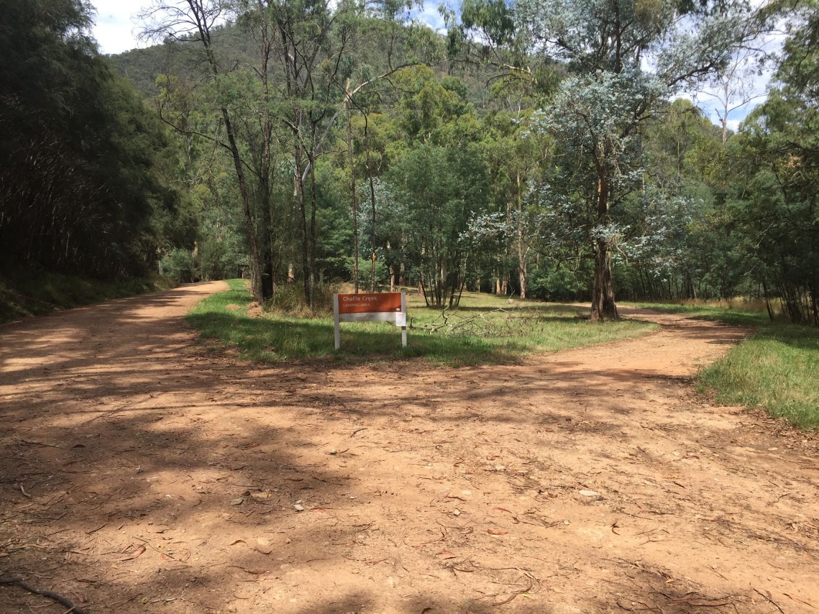 A sign for Chaffe Creek camping area at the entrance to the campground