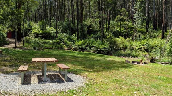 Green lawn for camping at Checking Station with a picnic table in the forground