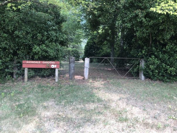 A wooden sign reading Avondale Gardens next to a metal gate across a dirt pathway aligned with green, leafy trees. 