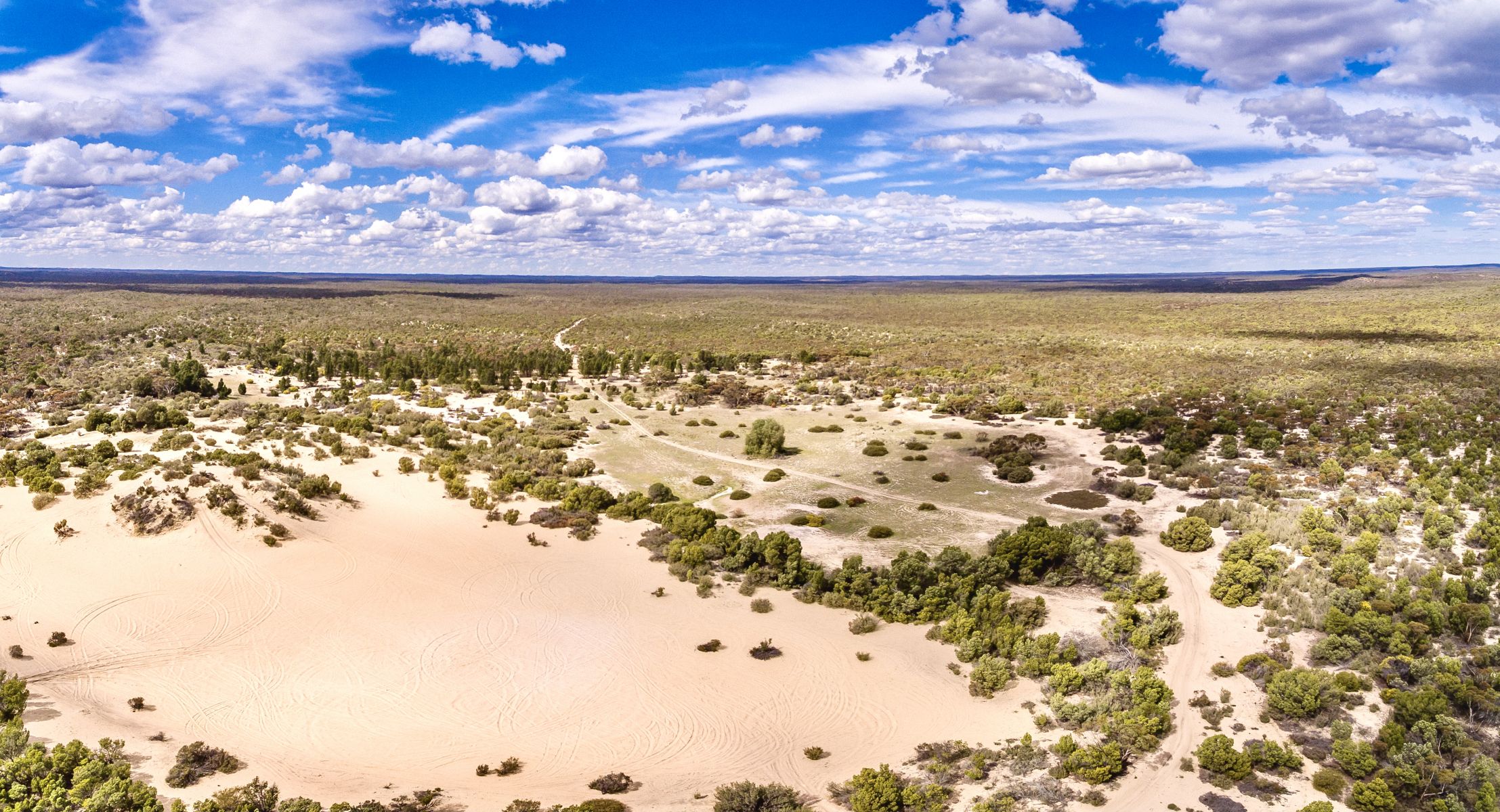 An aerial view of dirt tracks through the bush