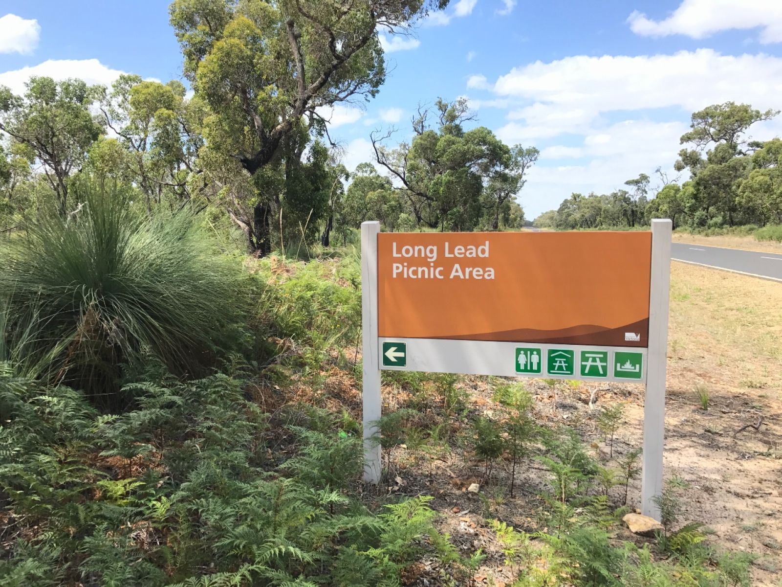 A sign for Long Lead Picnic Area on the side of a road