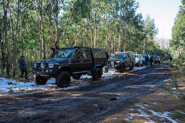 Four-wheel drive vehicles beside a wet and snowy road in the bush  