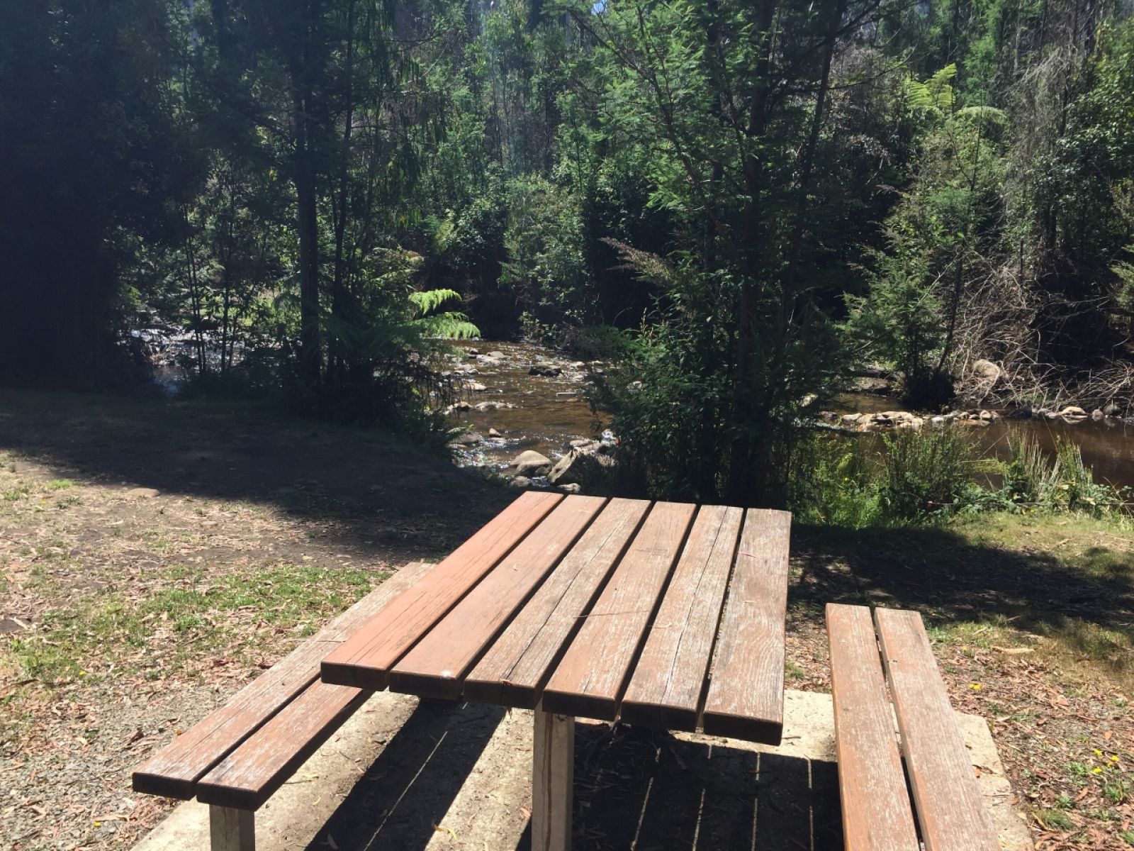 A picnic table sits near the edge of a river