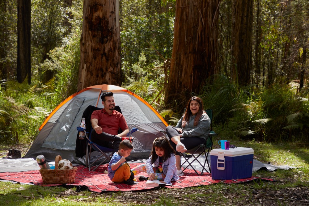 A family sit smiling beside a green tent in the forest with the sun shining.   