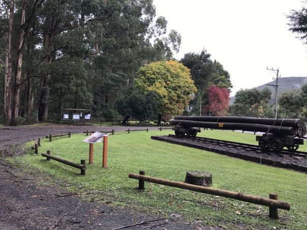 A sign in front of an old logging cart on a section of tramline is on display in a grassy area with trees surrounding.