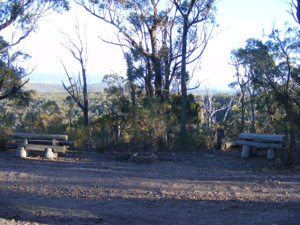 A gravelly picnic area with wooden benches and a view of distant hills through trees