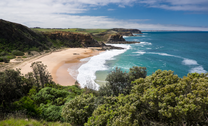 Photograph of bass coast with green cliffs and a sandy beach  