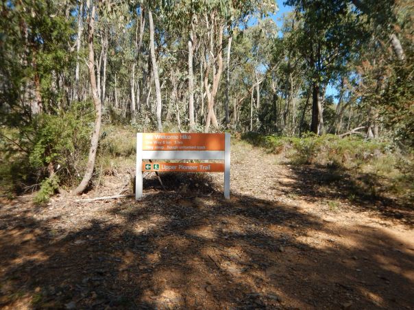 A sign reads 'Mt Welcome' at the start of a walking track through bush