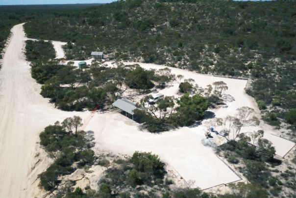 An aerial view of a remote campground