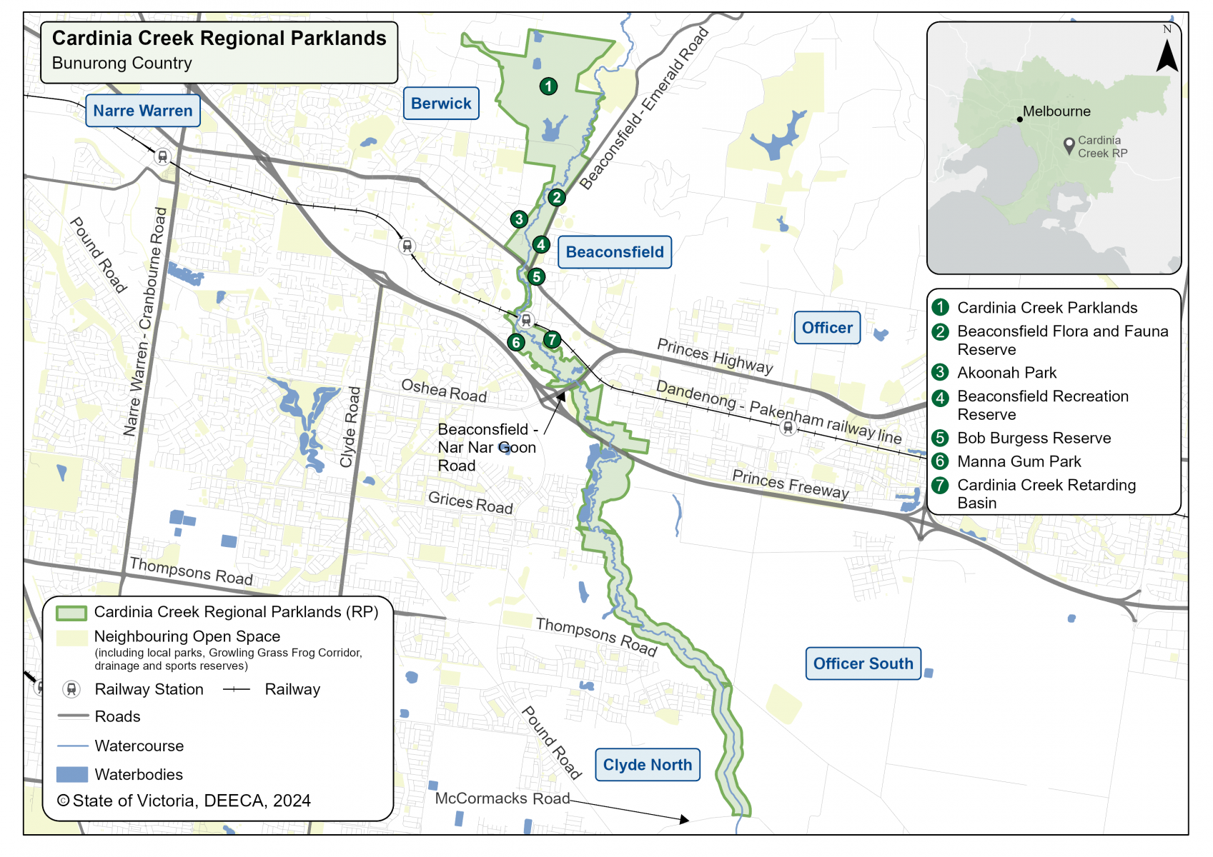 Cardinia Creek Regional Parklands map. Situated between Naree Warren, Berwick, Beaconsfield, Officer South and Clyde North