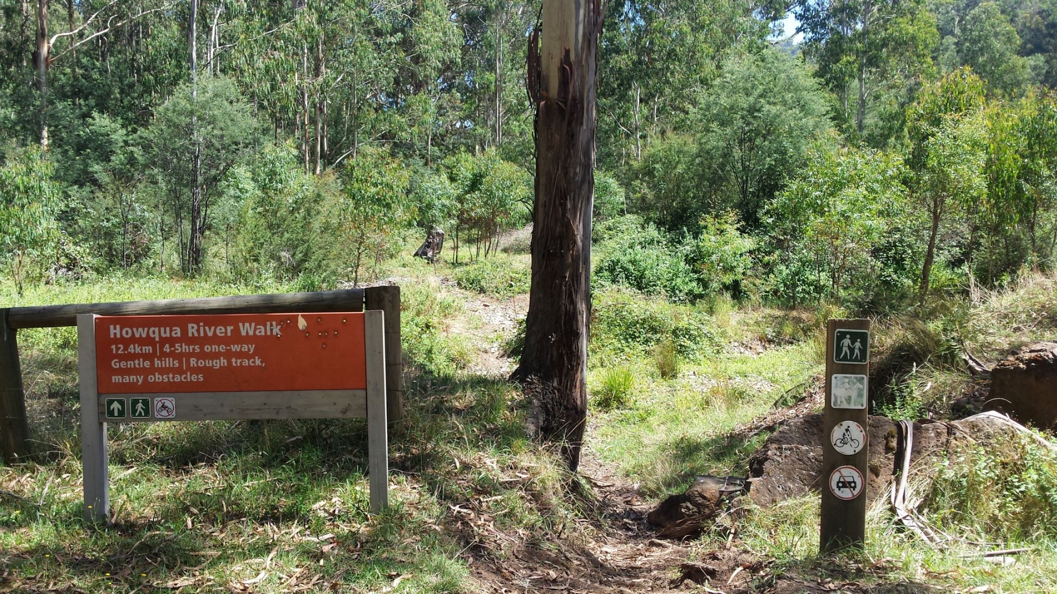 A sign on a grassy patch near tall trees reads Howqua River Walk 