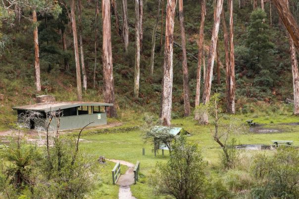 An overview of Richards campground and picnic area. A struture surrounded by trees. A small wooden bridge in the foreground.