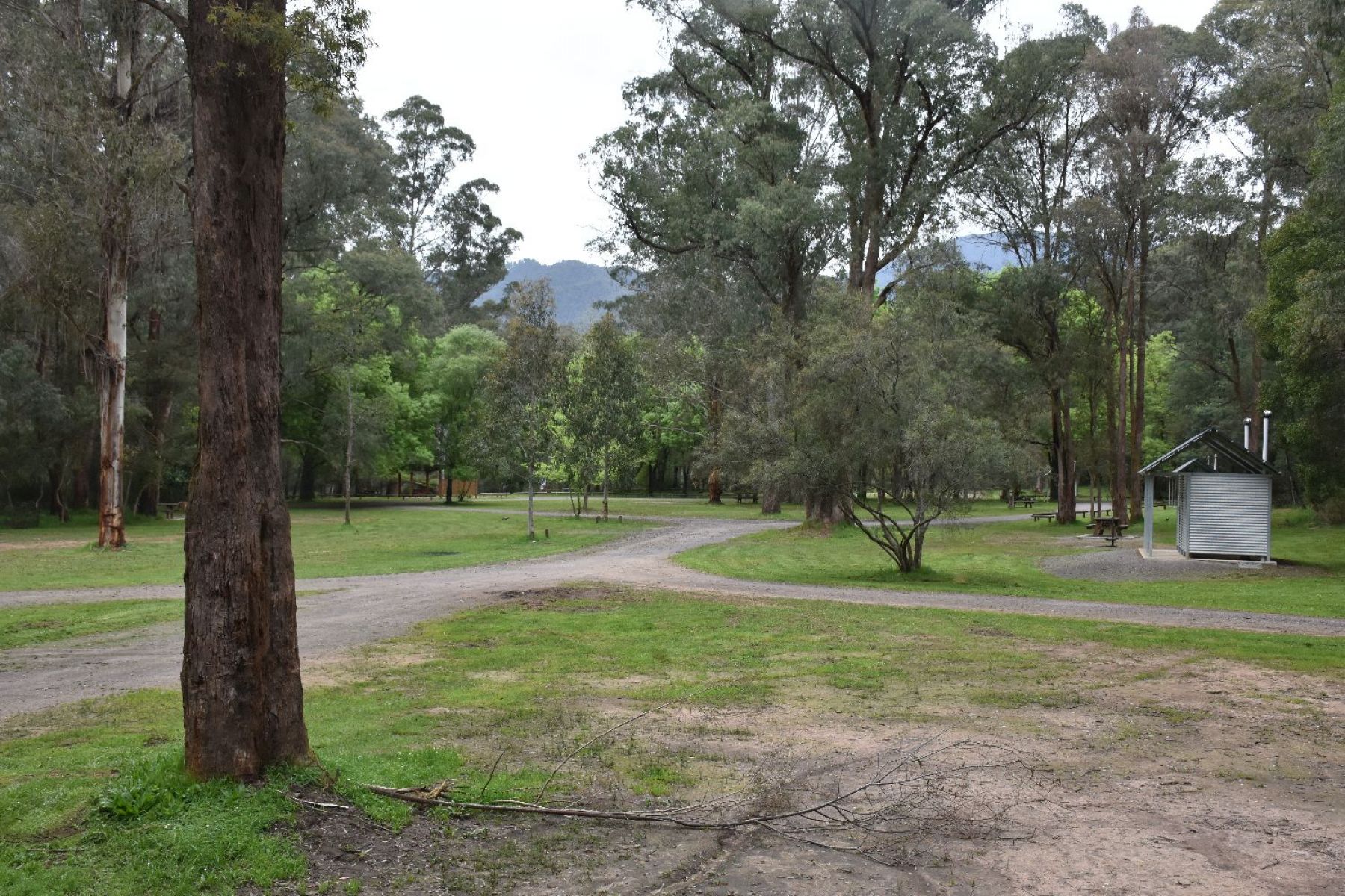 A image of the wide open campground with the amenity block to the side