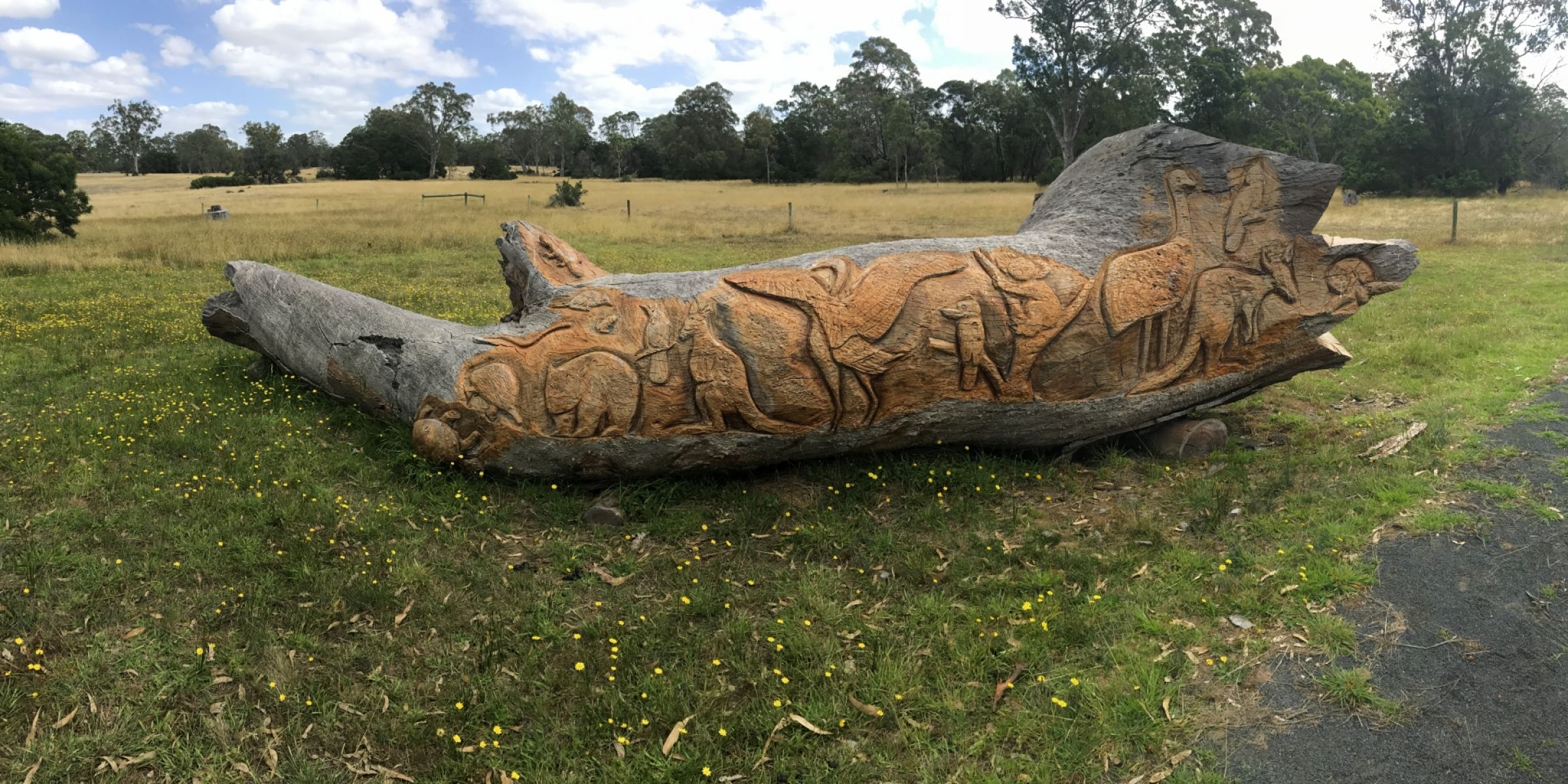 A fallen tree limb featuring carved animals