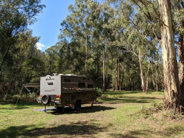 A grey camper trailer is set up in a grassy area surrounded by tall gum trees.