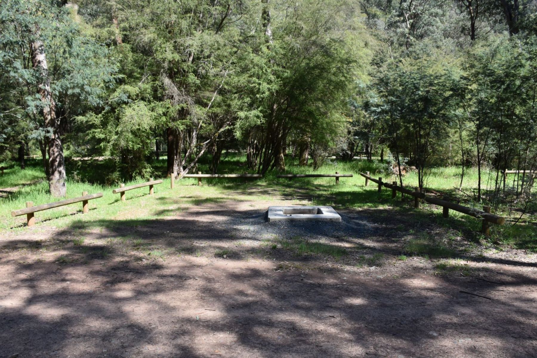 A shady campsite with a firepit