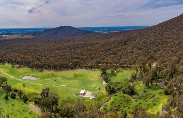 A birdseye view over a green grassy valley surrounded by hills with dense bushland 